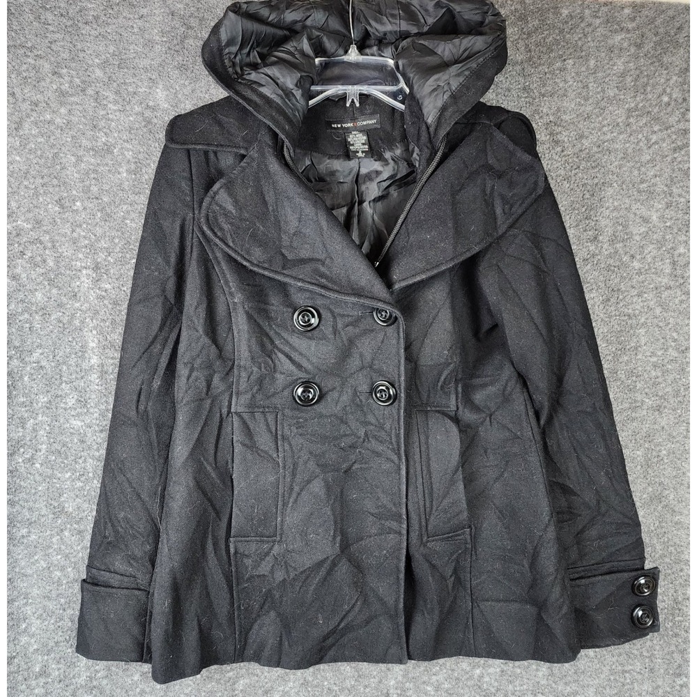 New York & Company Wool Pea Coat Womens 2 Black Hooded Double Breasted EUC